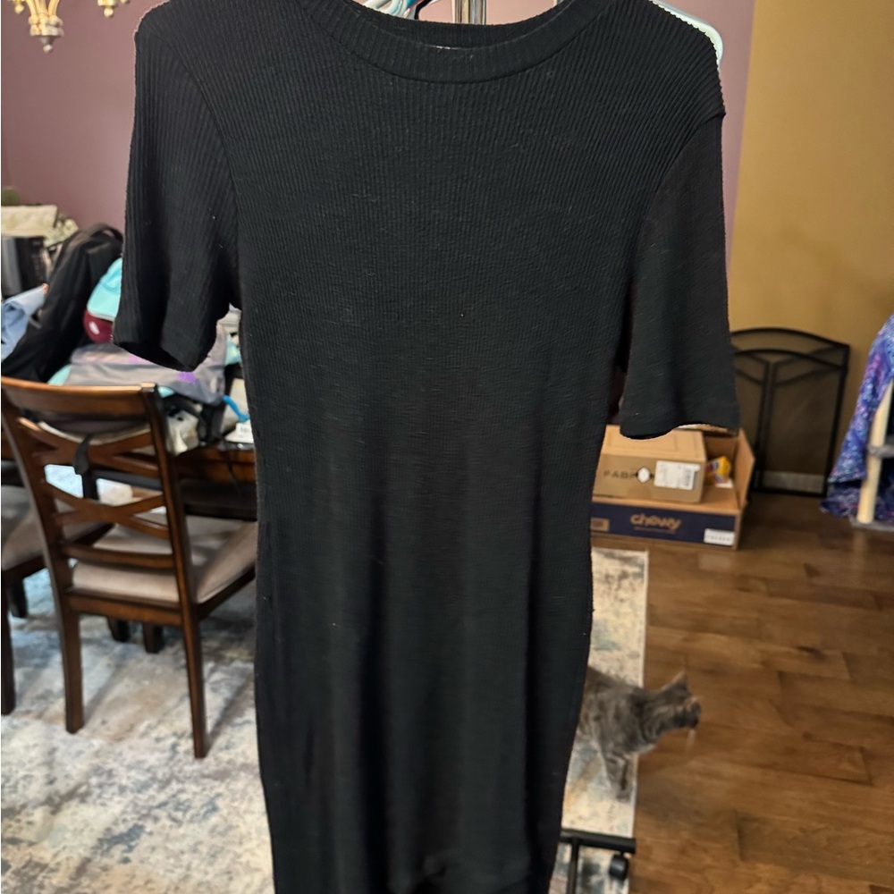Black Ribbed Short Sleeve Dress